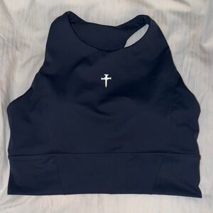 Three Nail Navy Blue High-Neck Athletic Crop Top